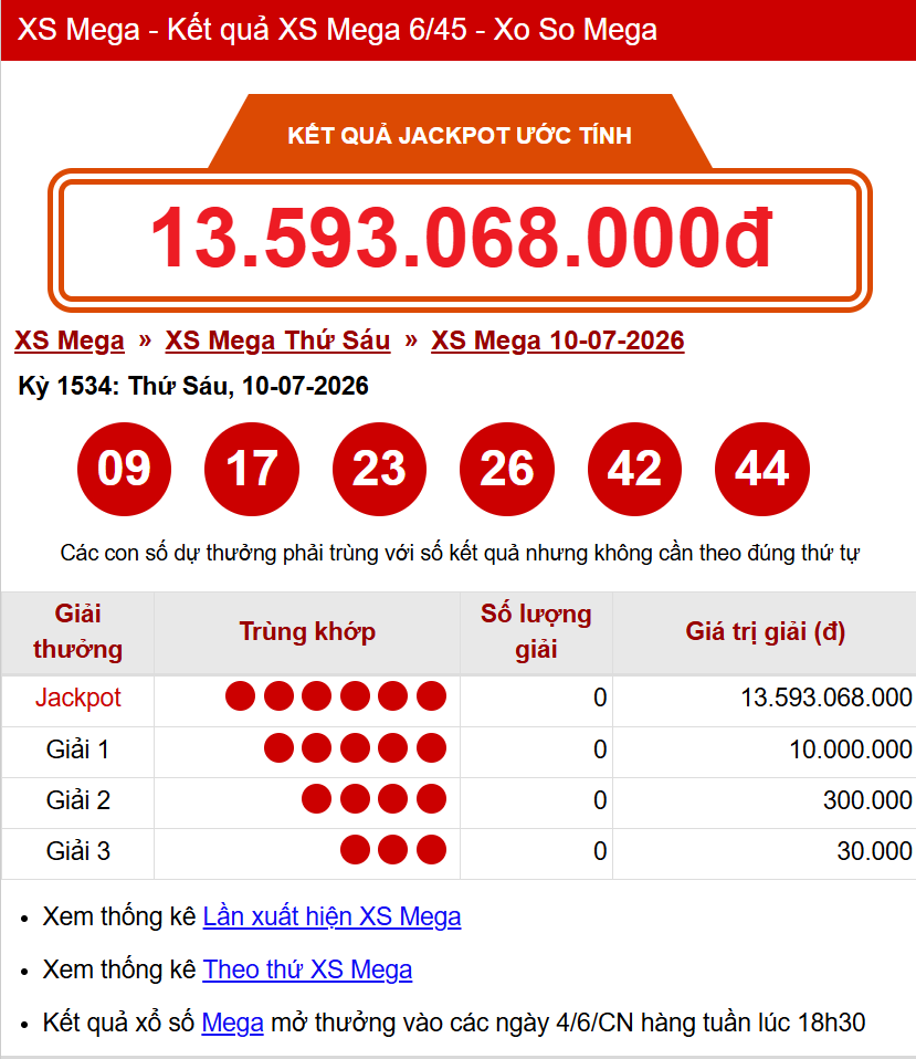 Vietlott 10/7/2026 - Kết quả xổ số Vietlott ngày 10/7/2026 865427